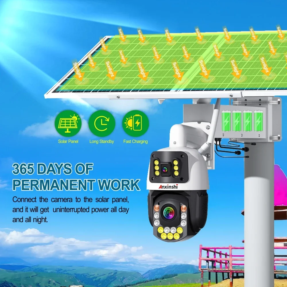 Anxinshi Telecamera di Sicurezza Solare HD 4K 99X Zoom Auto Tracking Telecamera PTZ Solare Esterna Visione Notturna a Colori P2P Telecomando