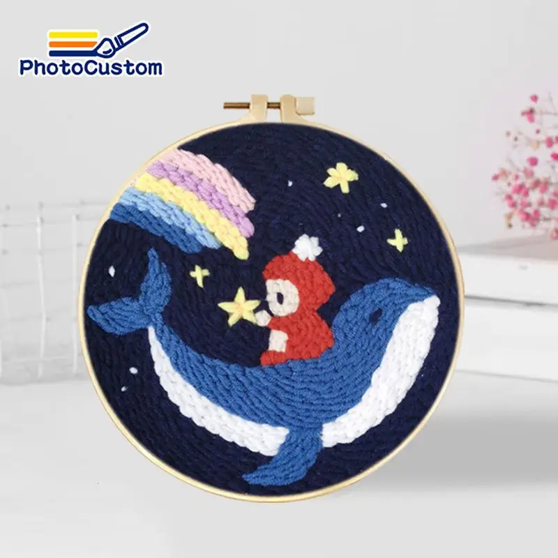 PhotoCustom الحوت نمط لكمة إبرة لكمة عدة طقم تطريز مع أدوات تعليمات الغزل كيت Diy بها بنفسك الحرفية