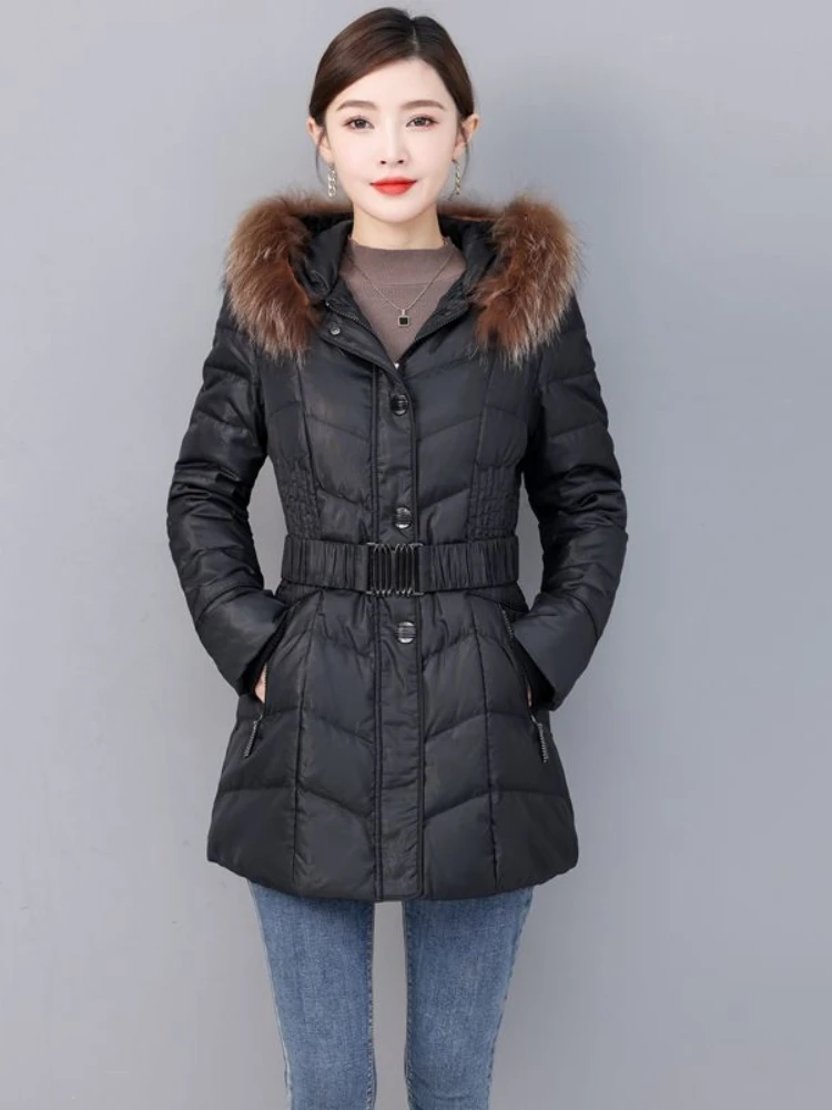 

2023 Winter Parkas Women's Medium Length Slim Casual Raccoon Fur Collar Hooded Warm Down Jackets Female Coats Women