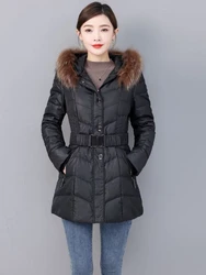 Parkas de longitud media para mujer, abrigos informales ajustados con Cuello de piel de mapache, chaquetas cálidas con capucha, invierno, 2023