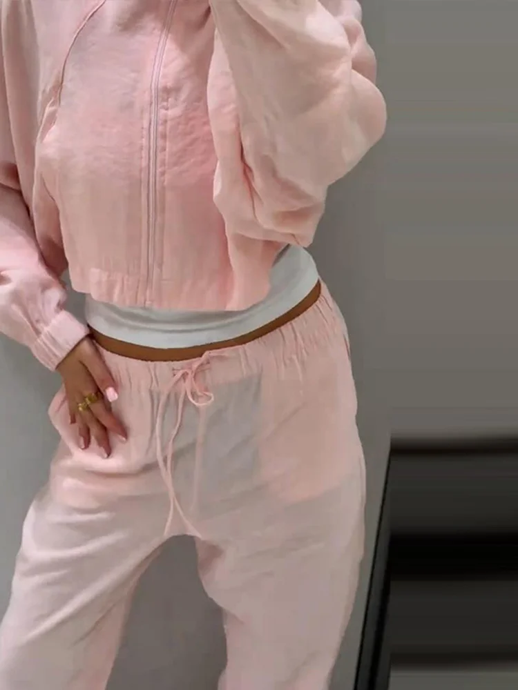 Damen-Hosenanzug 2-teilig mit Stehkragen, Laternenärmeln, Kurzmantel und Weiten Hosen, Modische Streetwear für Damen, Neu – Detail 8