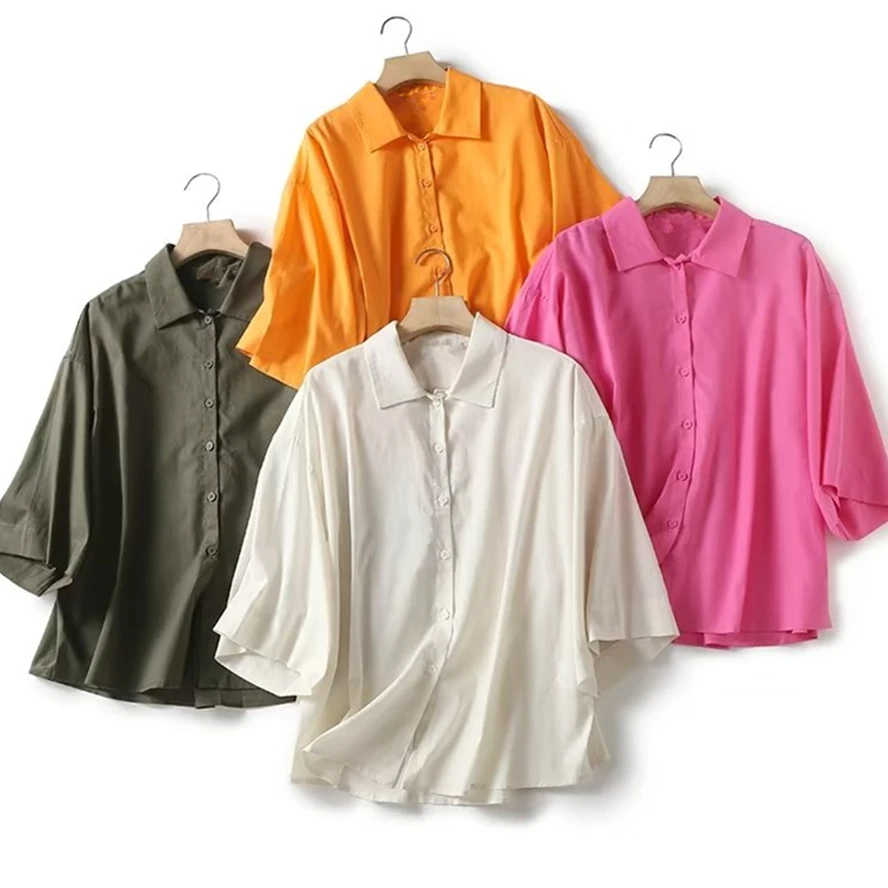 

Maxdutti Elegant Solid Color Casual Commuter Women Blouse Short Sleeve Shirt Fashion Ladies Loose Top For Summer