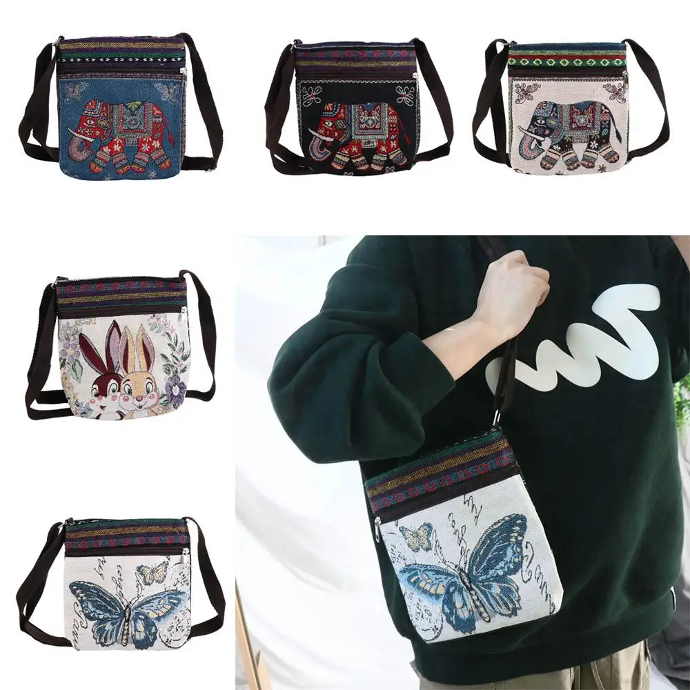 

Сумка через плечо с вышивкой в этническом стиле, бабочка, кролик, милый слон, тканевая сумка, холщовая сумка на плечо с животными, сумка для хранения