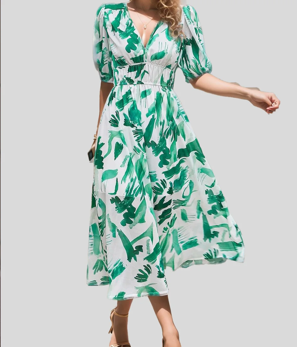 Robe mi-longue à col en v pour femmes, taille haute, manches princesse, imprimé floral, mode vacances, Date, fête douce, été 2025