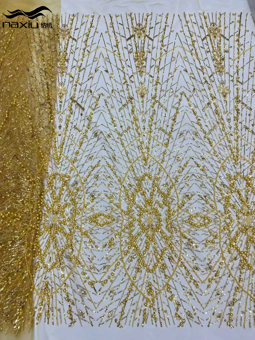 

Madison Gold African Heavy Big Beads Lace Fabric High Quality 5 Yard Nigerian Sequin Fabric French Material For Wedding Party