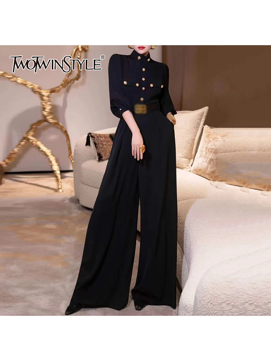 

TWOTWINSTYLE Slimming Spliced Buttons Temperament Jumpsuits for Women Round Neck Long Sleeves Patchwork Belt Jumpsuit Female New