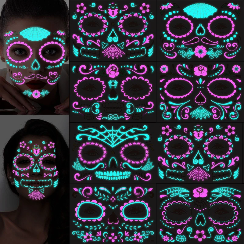 

Day of the Dead Music festival Face Tattoo Sticker Temporary Skin for Party Festival Makeup Tattoo Glow in The Dark Body Sticker