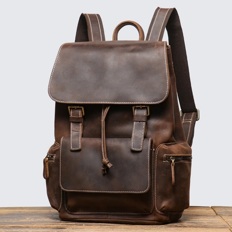 Vintage New Luxury Causal Backpack Crazy Horse Leather 15.6 Computer Bag Pack Men Travel Rucksack Mochila Student Schoolbag 2025