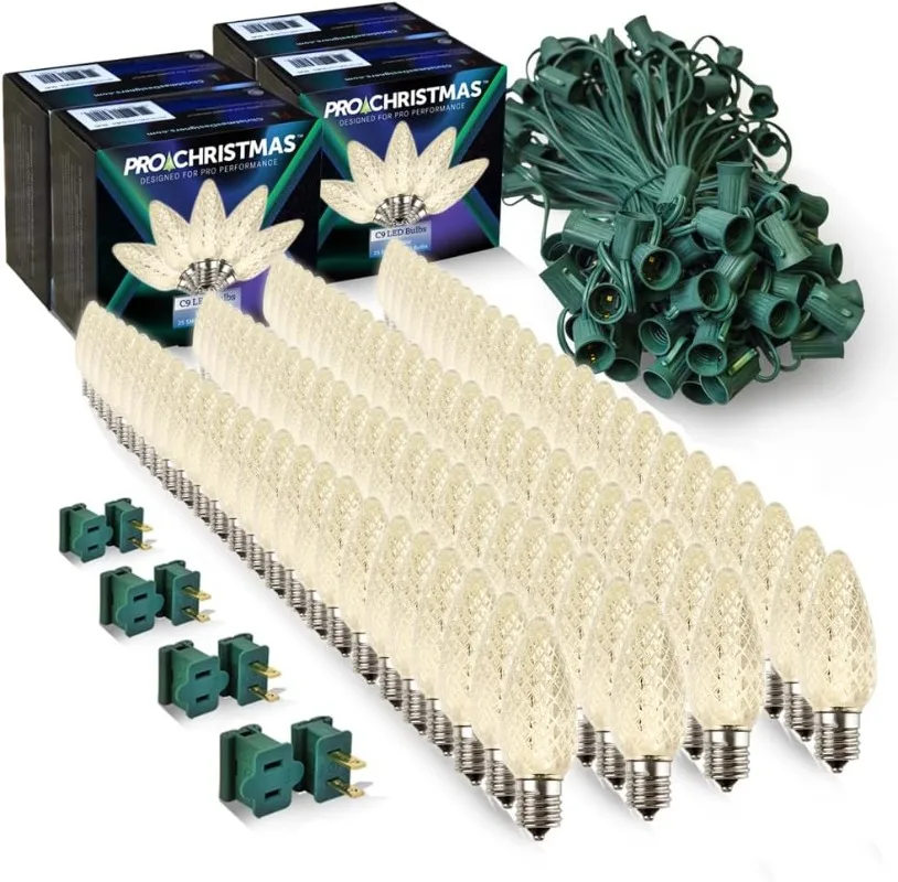 

HOT Pro Christmas C9 LED Patio Lights Kit for Rooflines & Pathways – Cut to Length, Heavy Duty Commercial Grade (Green Wire w/Va