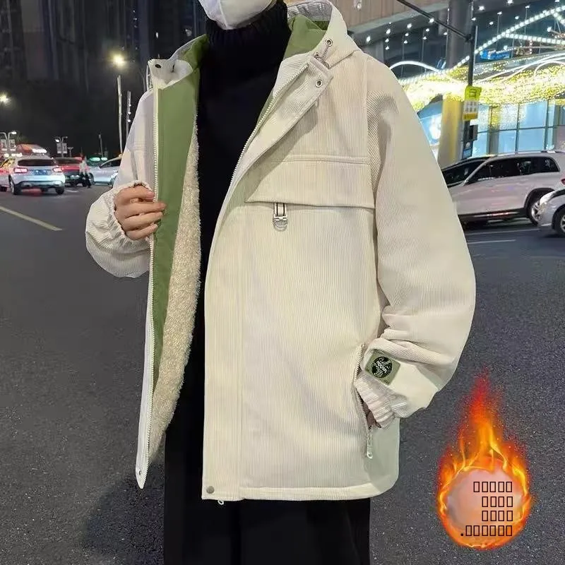 

Lamb Velvet Jaet Men's Autumn Winter Thiened Hooded Jaet Trendy Loose Versatile Winter Cotton Clothes Youth Faion