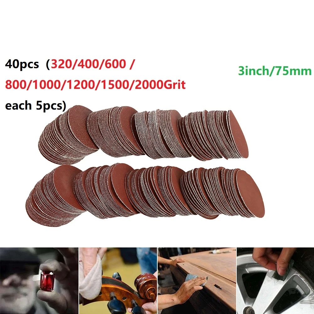 

40pcs/Set Sanding Discs Hook Loop Sandpaper Abrasive Sand Sheets 3 Inch 75mm 320/400/600 /800/1000/1200/1500/2000 Polishing Tool