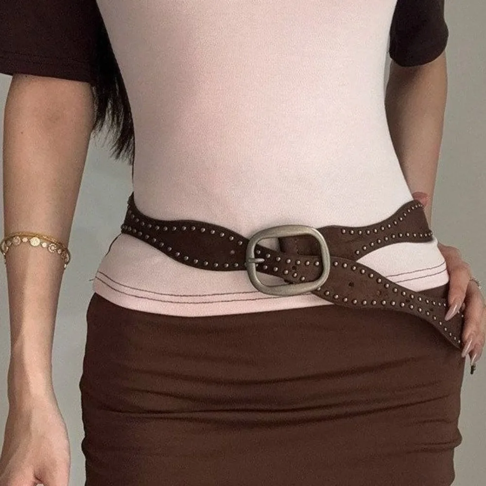 Ins Style Retro Double-Row Rivet Belt Metal Stud Wave Type Waist Belt Pin Buckle Faux Leather Vintage Belt Commuting