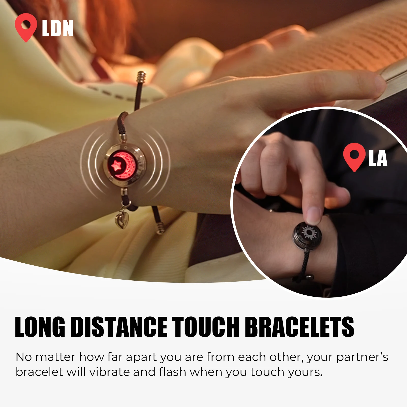 Totwoo Long Distance touch Light up&Vibrate Bracelets for Couples, Long Distance Relationship Gifts Smart Sun&Moon Love Bracelet