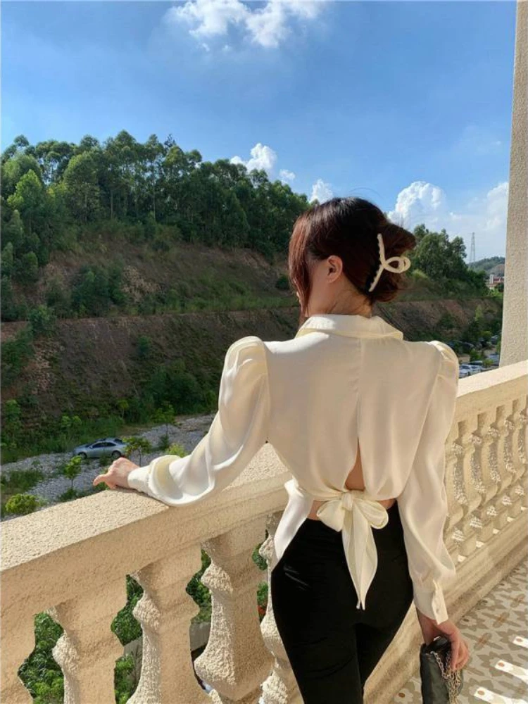 Deeptown Blouses Bandage Bow Tie Shirts Backless Casual Long Puff Sleeve Solid Color Tops Button Waist Fit Blouses Fashion 2024.