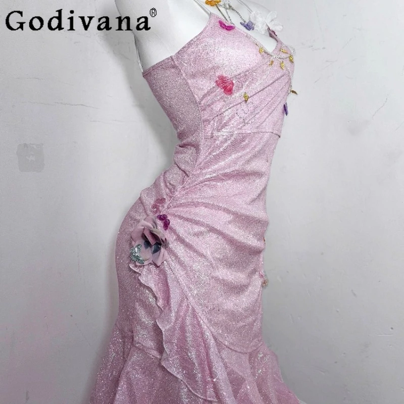 Abito rosa con fiori di ciliegio con paillettes originali Abito da principessa a coda di pesce con farfalla Abito da fata Lolita senza maniche femminile