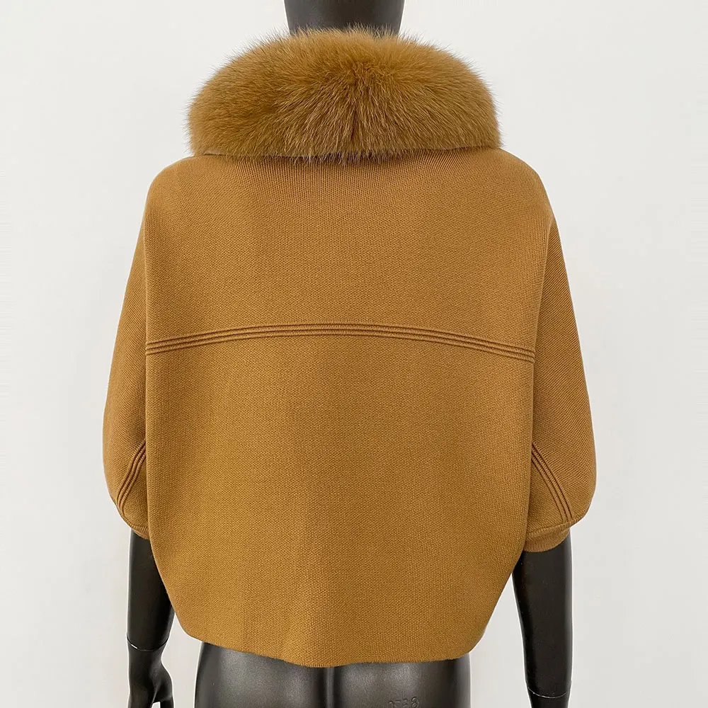 FURYOURSELF 2025 New Real Fox Raccoon Fur Collar Coat Knitted Sweater Women Short Sleeve Jacket Thick Warm Outerwear streetwear