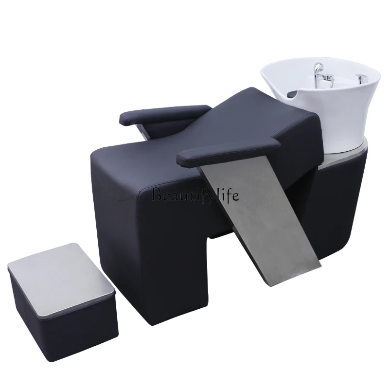 

New Haircut Shampoo Chair Stainless Steel Rebound Sponge Lying Half Ceramic Basin Flushing Bed