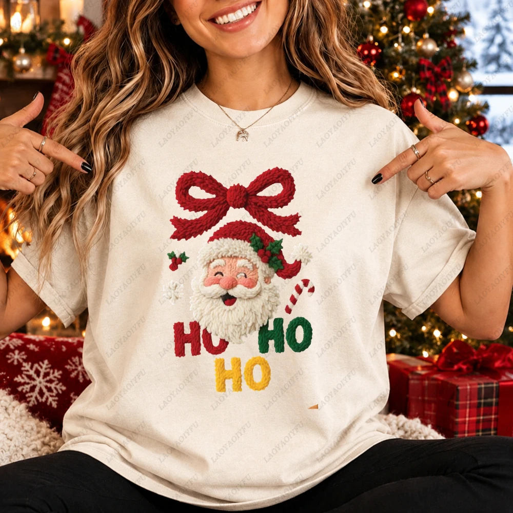 Ho Ho Ho Santa Claus Big Bow Plush Christmas Graphic T-Shirt Funny Xmas Holiday Winter Party Gift Unisex Men Women Festive Tee