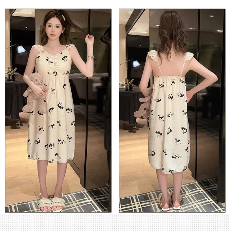 5XL Plus SIze Women Pajamas with Chest Pads Korean Style Suspenders Nightdress Mid Length Loungewear Summer Thin Loose Homewear