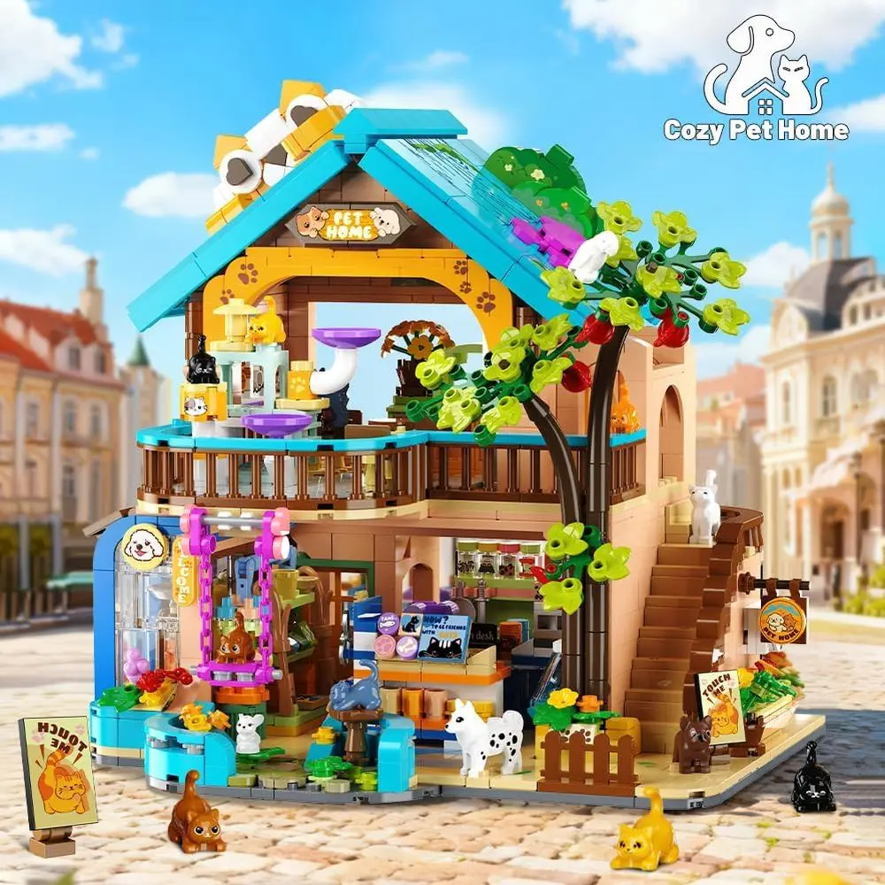 Kit di costruzione del negozio di animali illuminato della città: adorabile negozio di animali con gatti e cani per bambini e adulti dai 8 ai 12 anni in su