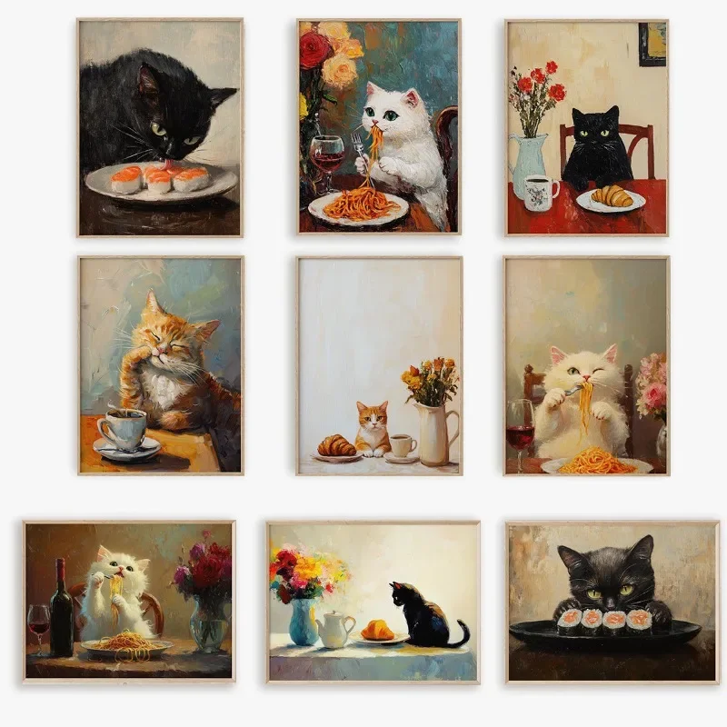Multiple sizes 1pc frameless Canvas Painting,Vintage Cute Cat Eating Italian Ramen Croissant Bread and Drinking Coffee Poster Pr