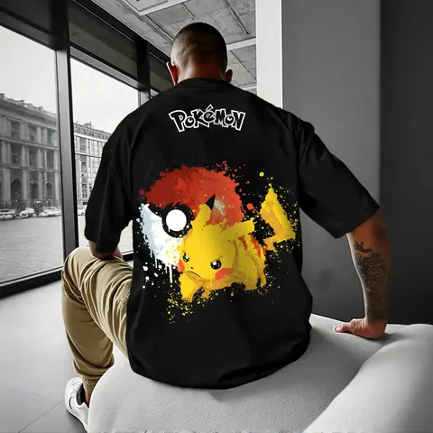 Pokémon Animation Derivatives Pikachu Tryck T-shirt Herr Dam Sommar 2025 Oversize Löst Bomull Gatu Trend Märketopp 8 best sales Pikachu T-shirt - №4