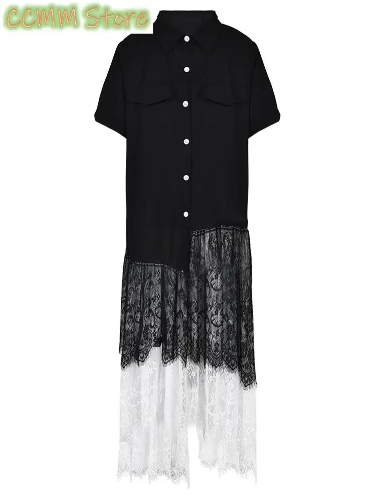 

Women Black Lace Pleated Big Size Shirt Dress Lapel Half Sleeve Loose Fit Fashion Tide Spring Summer