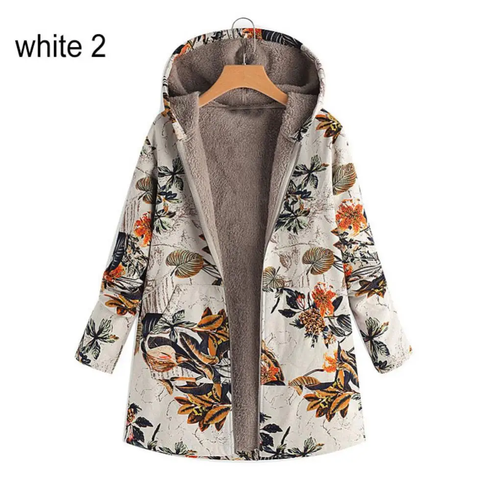 Autumn Winter Women Coat Flower Leaf Printed Warm Hooded Pocket Coat Zipper Overcoat Women's Clothing