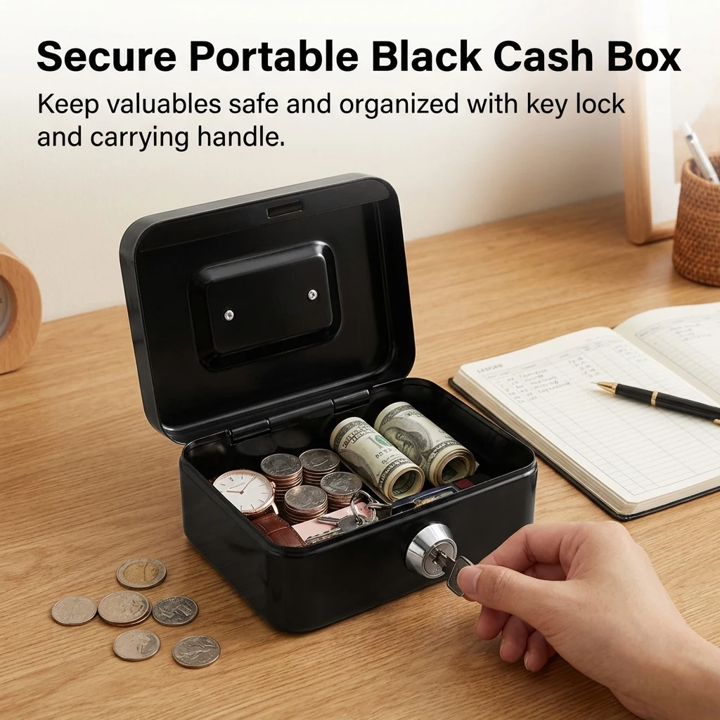 Portable Metal Key Lock Cash Box With Handle Small Kids Money Organizer Storage Box With Lockable Cover For Easy Cash Management