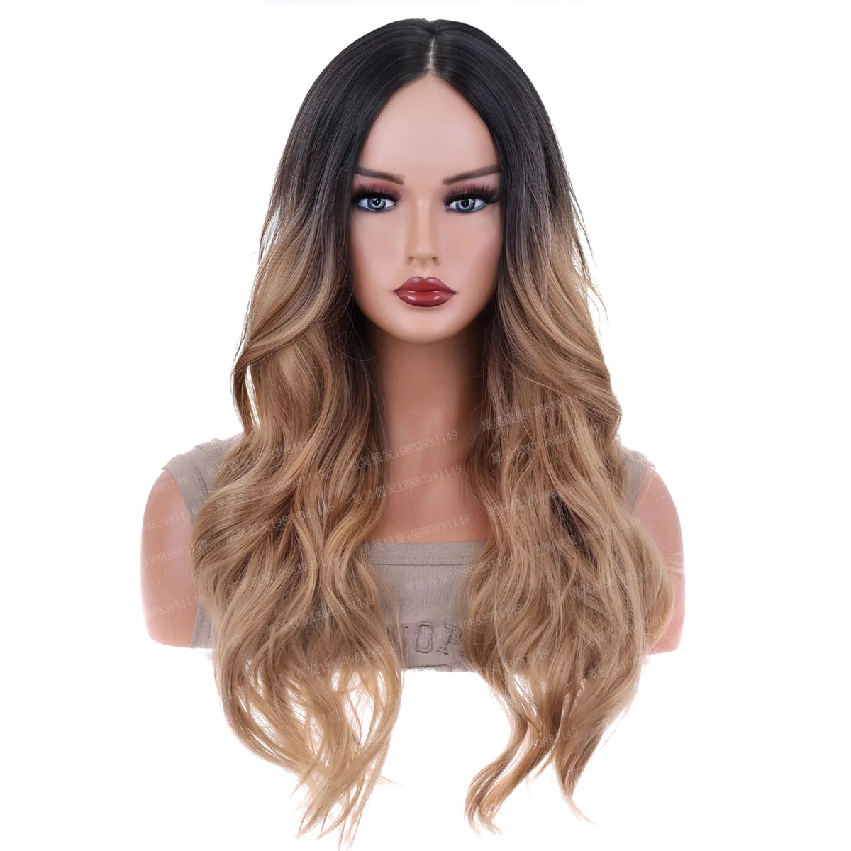

New no bangs wig women medium long curly hair brown and black gradual change chemical fiber whole top