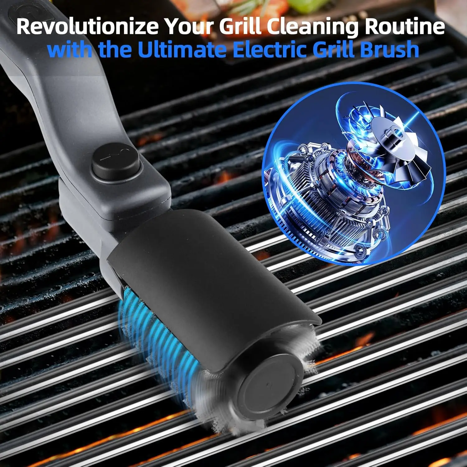 Electric Grill Brush, Cordless Adjustable Angle, Stainless Steel Brush Head, 3-Level Cleaning, 90-Minute Run Time, Waterproof