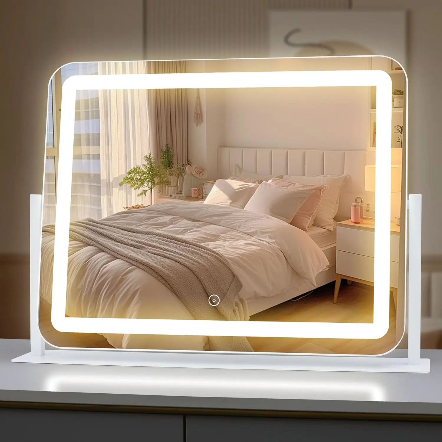 

Large LED Vanity Mirror with 3 Color Modes, 360 Rotation, White Frame for Makeup