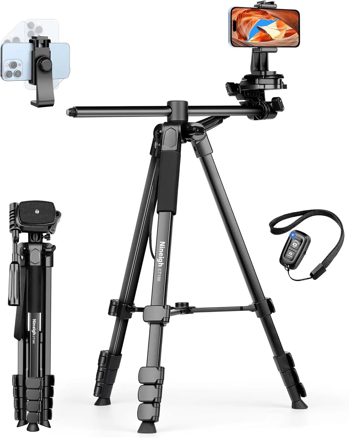

75" Phone Tripod Stand, Overhead Tripod for iPhone with Remote, Portable Horizontal Mount for Video, Live Streaming &