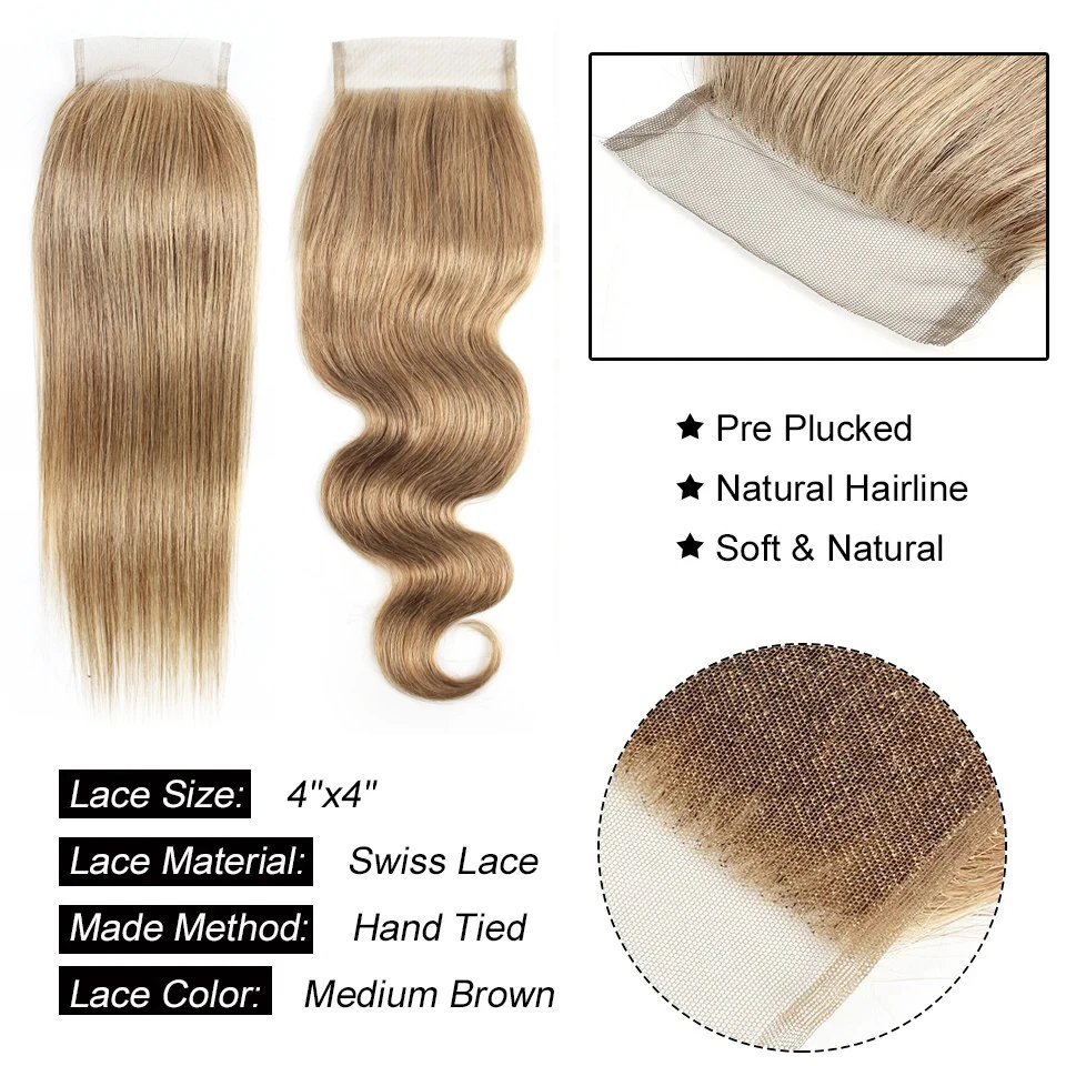 4X4 Lace Closure Straight Human Hair Free Part Transprent Lace Closure Pre Plucked Natural Color Body Wave Remy Hair Swiss Lace