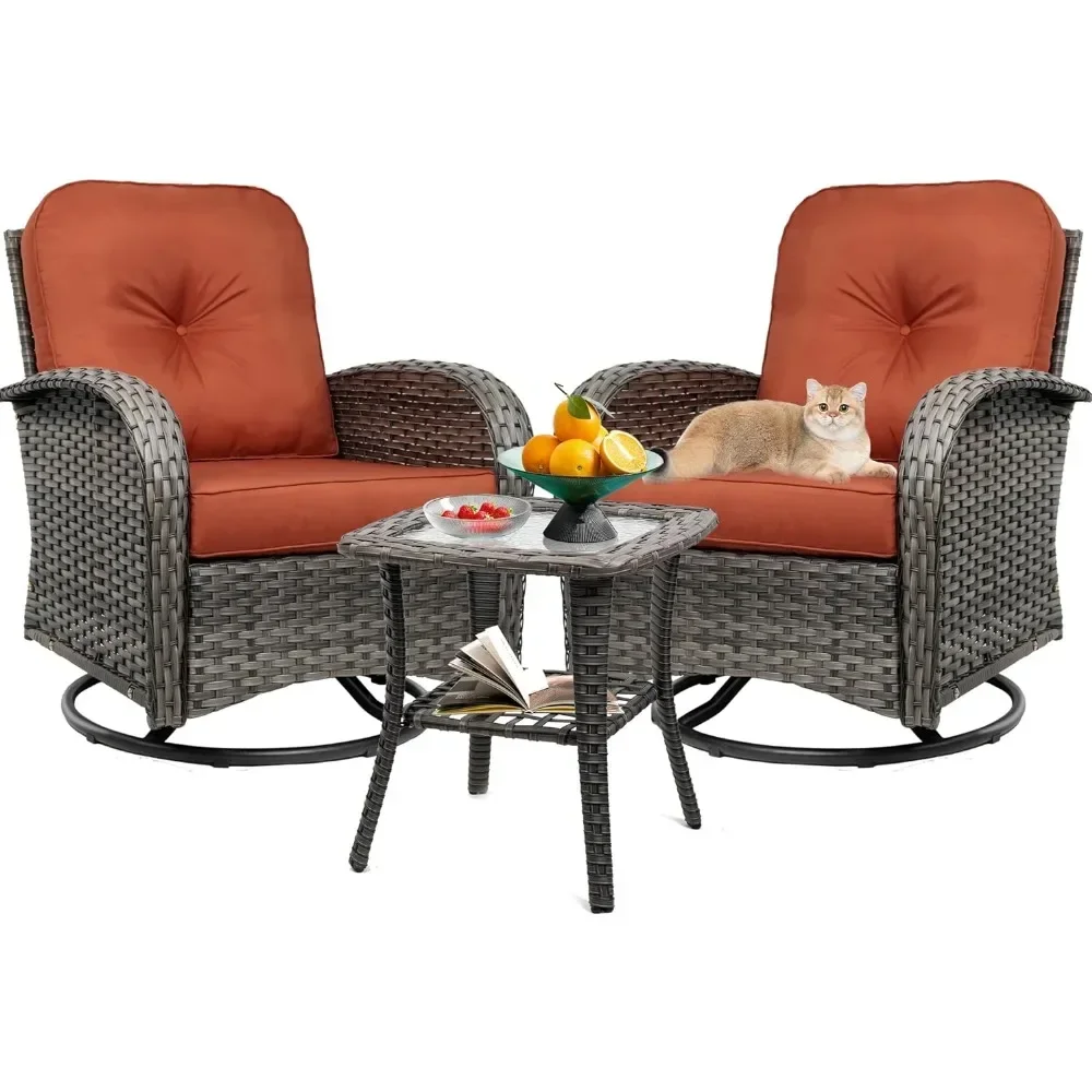 3-piece set of rotating rocking chairs, wicker chair set, 2 360 degree rocking chairs, outdoor with cushion, rust proof steel