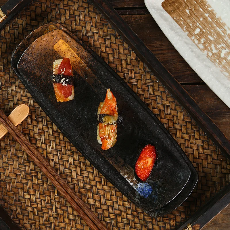 Cross border Japanese style ceramic long plate rectangular plate folded Dim sum plate creative cuisine sushi sashimi