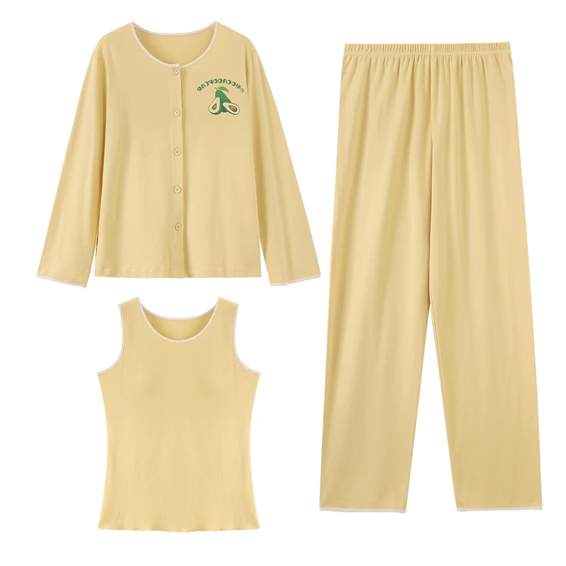 

Newest 3 Pieces Set Spring and Autumn Women 100% Cotton Pyjamas Female Long Sleeve Sleepwear With Chest Pad