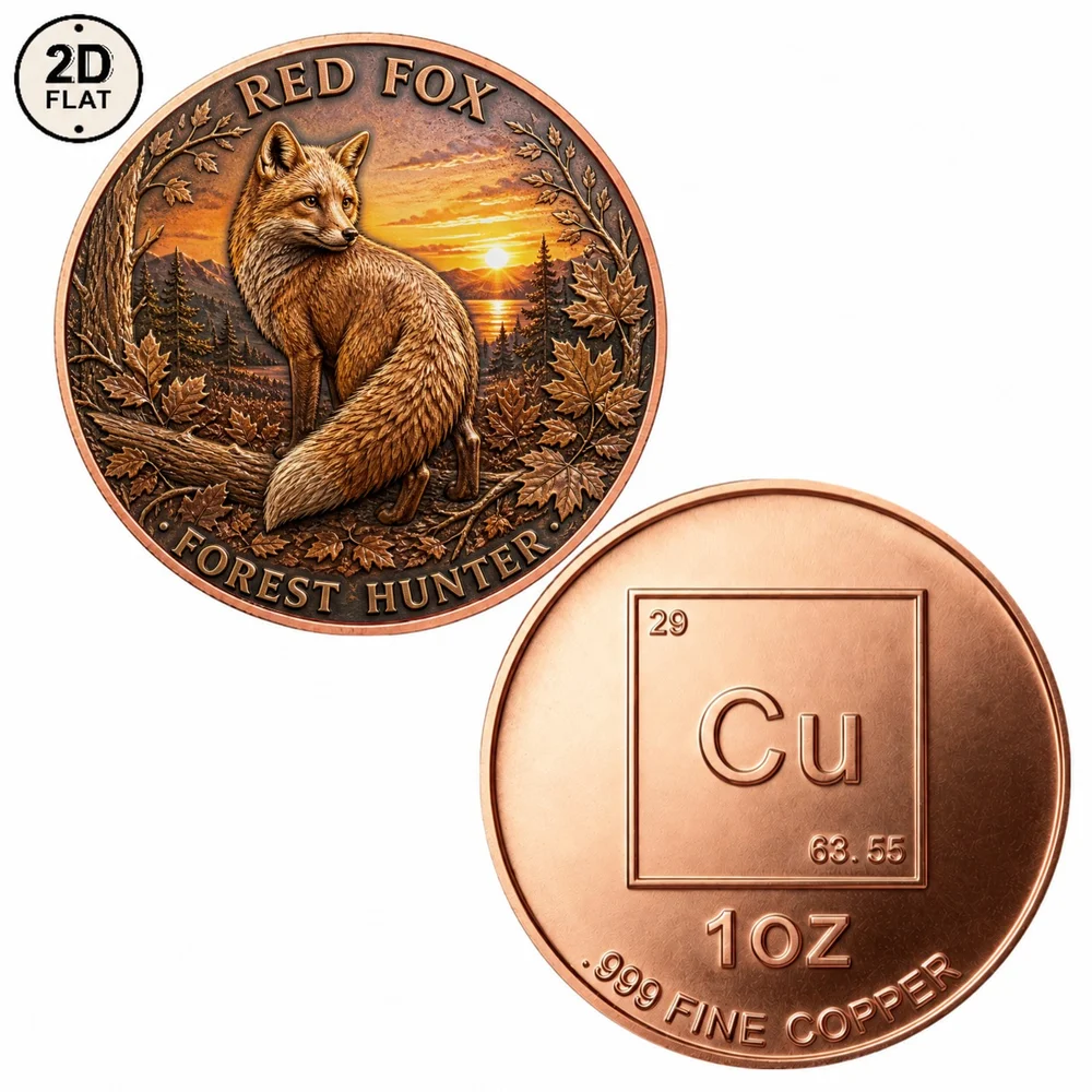 1pc Red Fox Forest Hunter 1oz Fine Copper Challenge Coin 2D Print Wildlife Collectible Medal Nature Souvenir Gift for Fox Fans