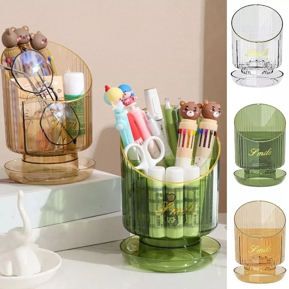 New PET Makeup Brush Holder 360° Rotating High Capacity Makeup Brush Bucket Clear Multi Partition Pen Holder Classroom