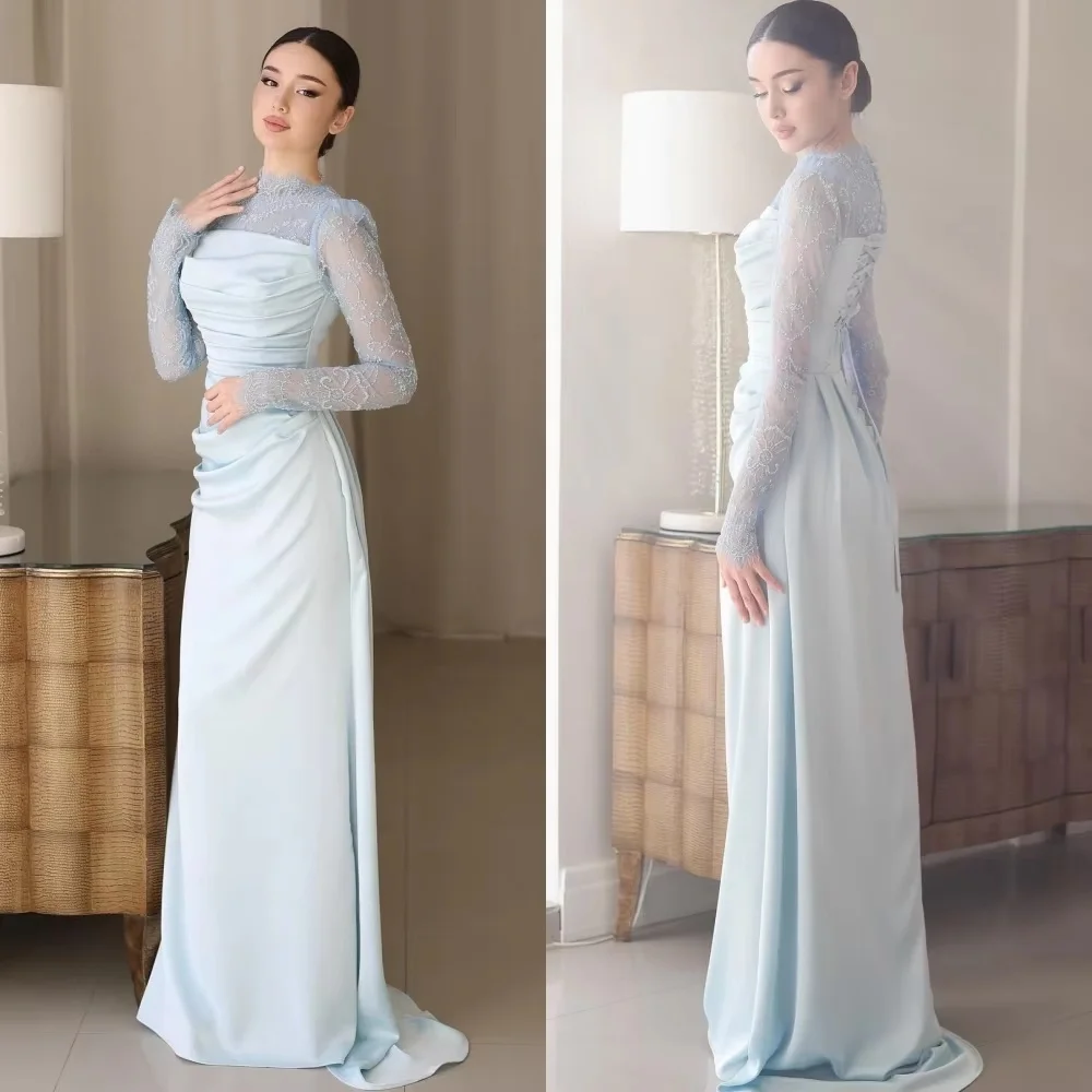 

Customized Exquisite Ruched Women Prom Dress Long Sleeve Charming Mermaid Lace Applique Party Dress Women Satin Evening Gown