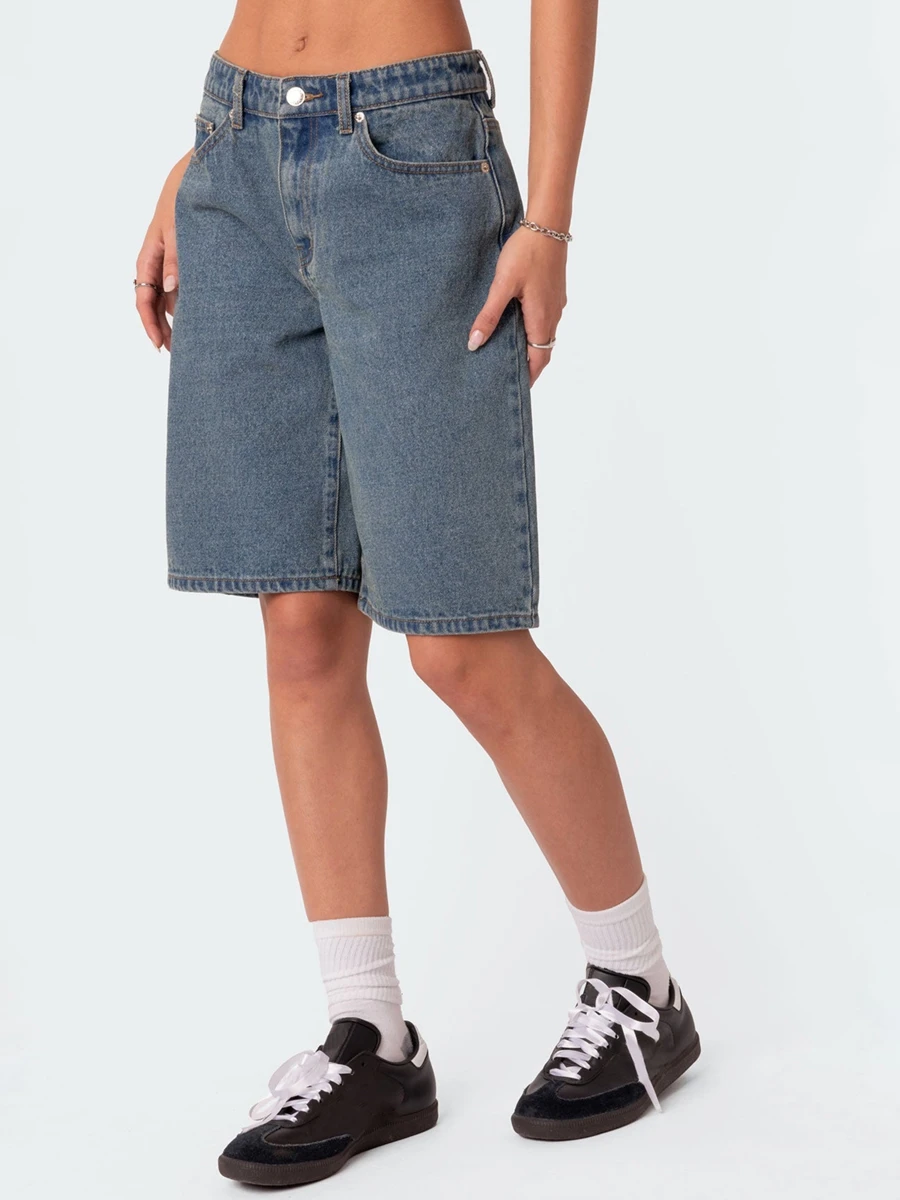 Shorts jeans casuais para mulheres, cintura baixa, streetwear de verão, jean elástico, perna larga, Y2k