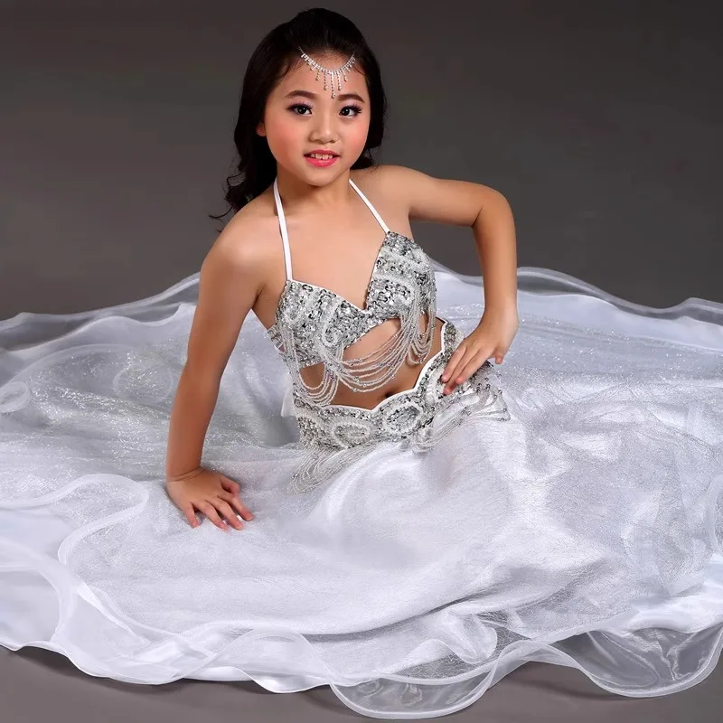 Customized Belly Dance Costumes Suit High End Pearl Embroidery Performance Dress for Children Set Mesh Skirt Belt Bra 3 Pcs