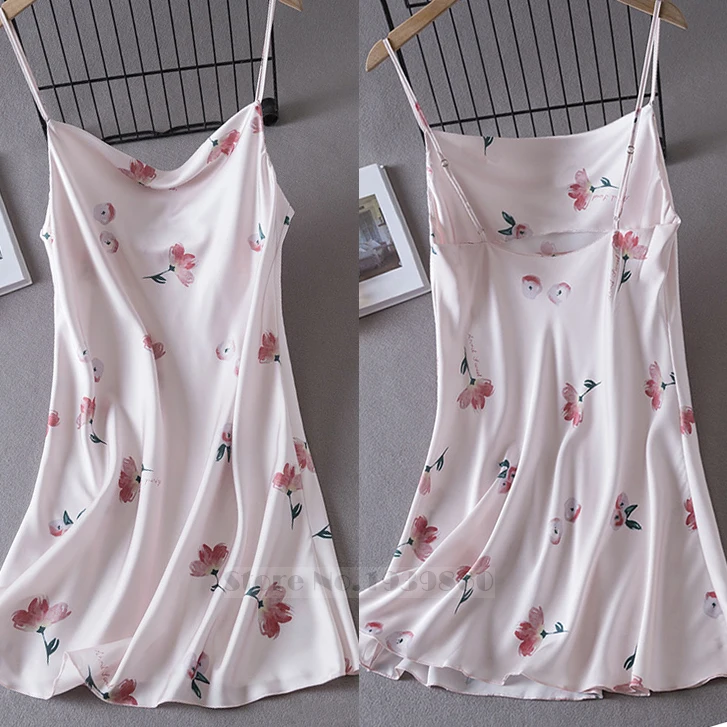 Summer Female Chemise Nightgown Sleepwear Print Flower Nightie Nightwear Sexy Strap Swing Collar Mini Nightdress Satin Home Wear