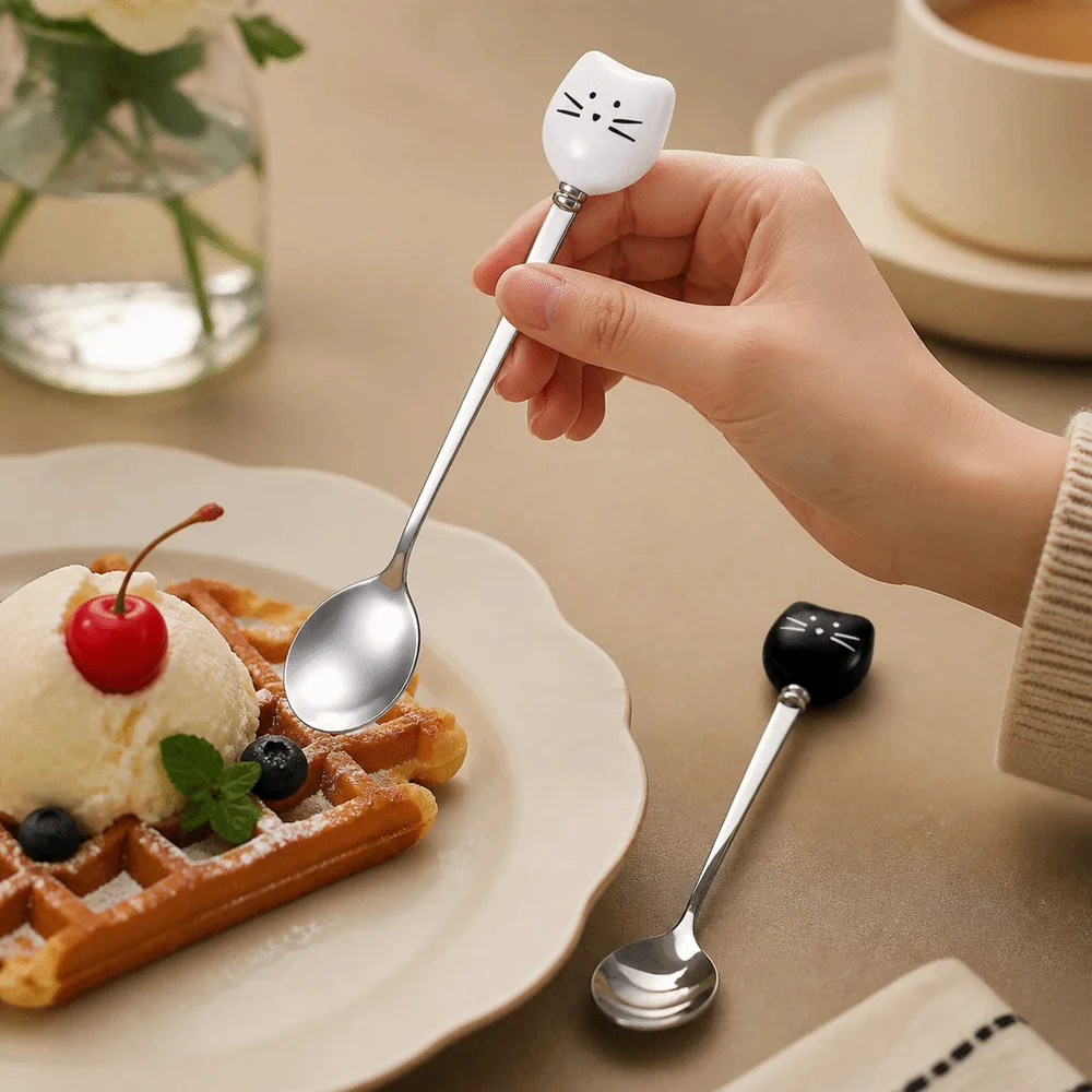 Cute Cartoon Cat Spoon Stainless Steel Handle Food Grade Rice Spoons Ice Cream Spoon Kitchen Cutlery