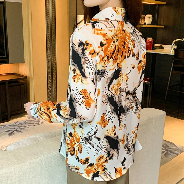 2025 패션 우아한 프린트 쉬폰 루즈 블라우스 여성용 긴팔 캐주얼 빈티지 분위기 여성 오피스 OL 셔츠 탑