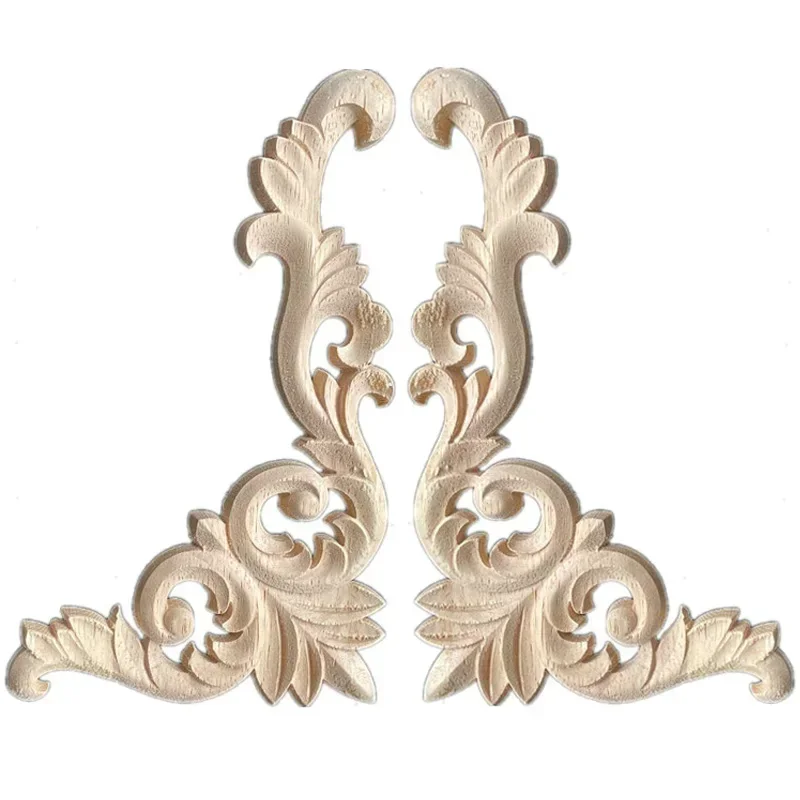 2PCS Woodcarving Decal Corner Applique Frame Door Decor Wall Furniture Decorative Figurines Wood Miniature Flower Branch