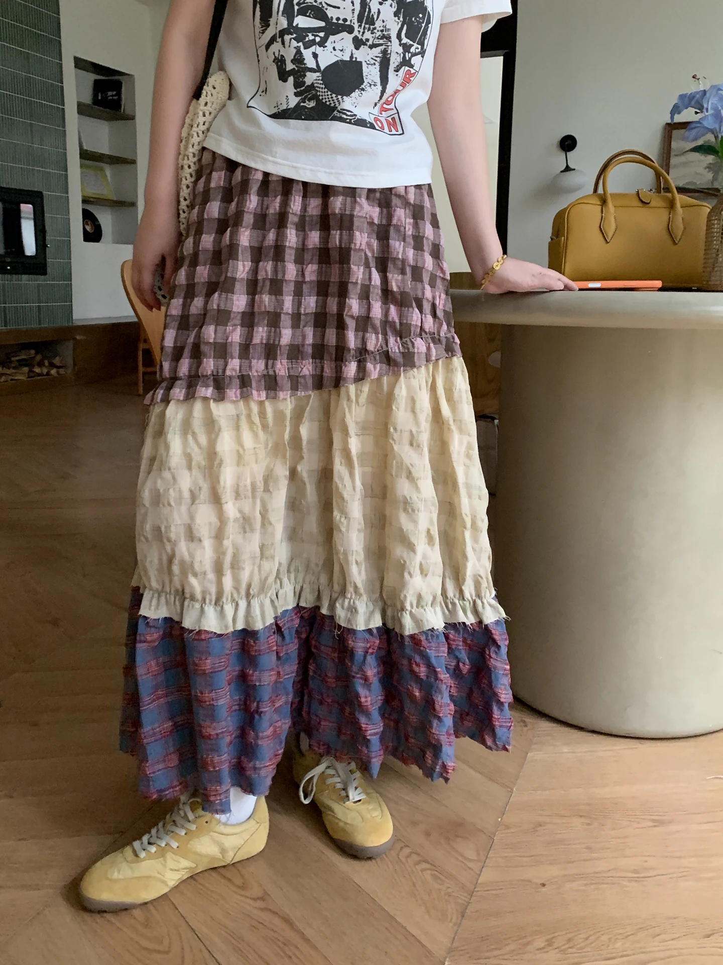 

Винтажная клетчатая юбка А-силуэта с завышенной талией, женская, утягивающая, многоярусная, с цветовыми блоками, длинная