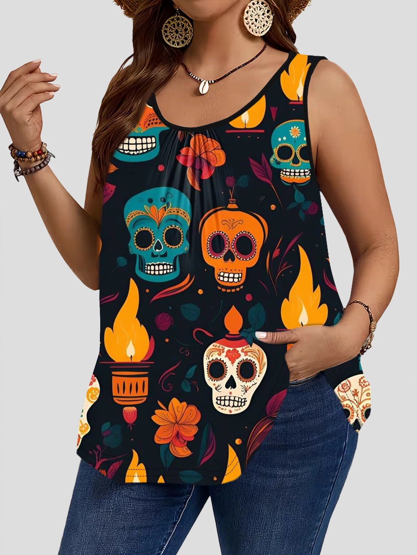 3-Piece Set of Plus-Size Sleeveless Vests with Mexican Day of the Dead Sugar Skulls, Halloween Black Cat, Pumpkin, and Witch Prints, Vintage Cartoon Dark Style Loose-Fitting Camisole Tops 5