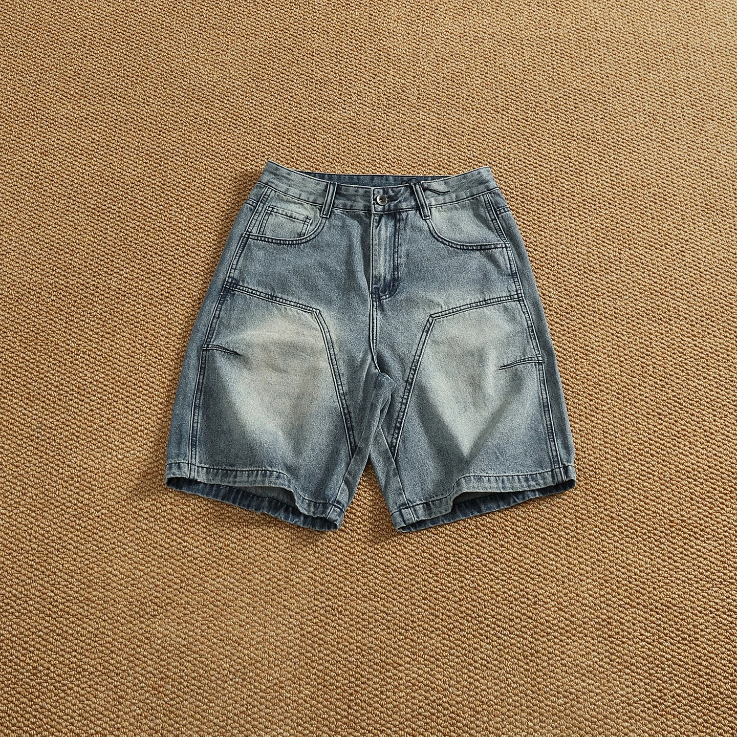 

2025 Summer New American Retro 3D Cutting and Splicing Denim Cargo Shorts Men's Fashion Washed Old Straight Casual 5-point Pants