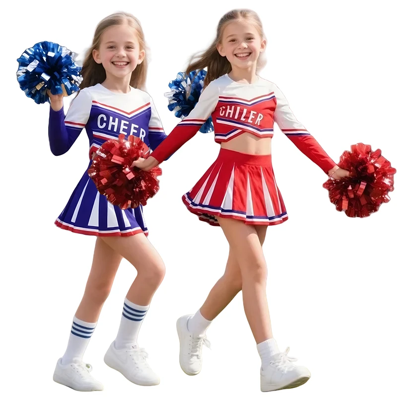 Girls Cheerleader Costume Basketball Game Sports Event Letter Dress Dance Uniform with Pom Poms Blue Red Festival Carnival Party